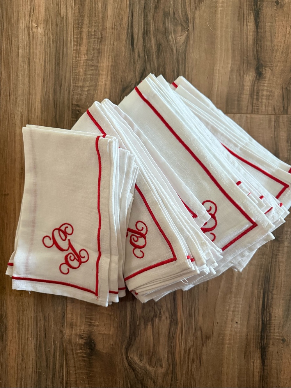 Embroidered G White Cotton Dinner Napkins with Trim Set of 24